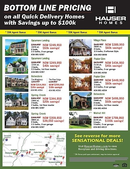 Hauser Homes in Charlottesville offering huge "discounts" on Homes in new developments in and around Charlottesville