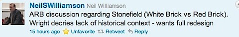 ARB discussion regarding Stonefield (White Brick vs Red Brick). Wright decries lack of historical context - wants full redesign